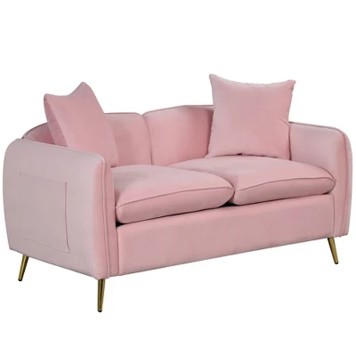 Velvet Upholstered Sofa With Armrest Pockets, 2 Pillows And Golden Metal Legs-ModernLuxe