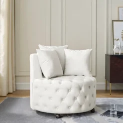 Button Tufted Living Room Upholstered Swivel Chair With Movable Wheels And 3 Pillows - ModernLuxe