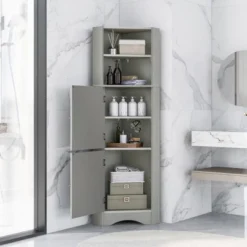Tall Bathroom Freestanding Corner Cabinet With Door And Adjustable Shelves - ModernLuxe
