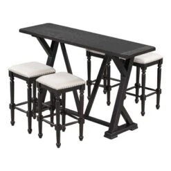 5 PCS Counter Height Wood Dining Table Set, Console Table With Trestle Legs And 4 Stools-ModernLuxe