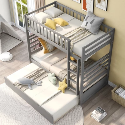 Twin Over Twin Wood Bunk Bed With Safety Rail And Movable Trundle-ModernLuxe - Image 2