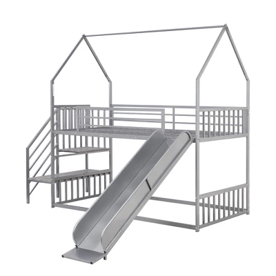 Twin Over Twin Metal Bunk Bed House Bed With Slide And Staircase-ModernLuxe - Image 4