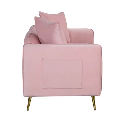 Velvet Upholstered Sofa With Armrest Pockets, 2 Pillows And Golden Metal Legs-ModernLuxe - Image 4