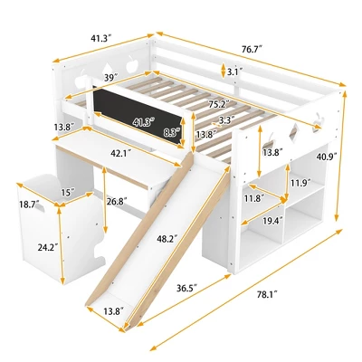 Wood Loft Bed With Slide, Cabinets, Blackboard, Desk And Chair-ModernLuxe - Image 3