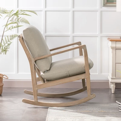 Solid Wood Rocking Chair Upholstered In Linen Fabric, Beige - ModernLuxe - Image 2