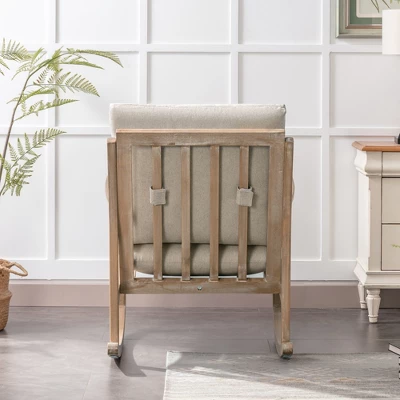 Solid Wood Rocking Chair Upholstered In Linen Fabric, Beige - ModernLuxe - Image 3