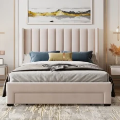 Velvet Upholstered Platform Bed, Storage Bed With A Big Drawer-ModernLuxe