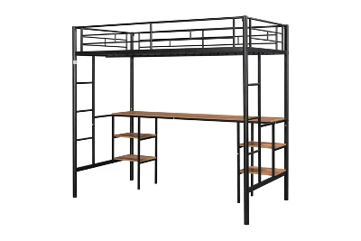 Metal Twin Size Low Loft Bed With Storage Shelf And Table, Black - ModernLuxe - Image 5