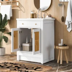 24" Bathroom Vanity With Single Undermount Sink, Combo Storage Cabinet With Pull-out Footrest White-ModernLuxe