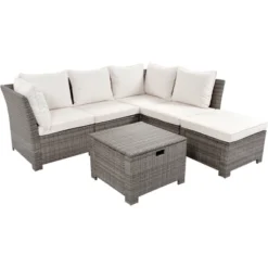6PCS Patio PE Rattan Conversation Set, Outdoor All-weather Wicker Sectional Sofa Set, Beige-ModernLuxe