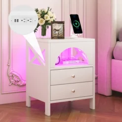 Nightstand With USB Charging Ports And LED Lights, End Table With 2 Drawers And Shelf-ModernLuxe