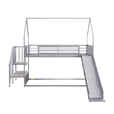 Twin Over Twin Metal Bunk Bed House Bed With Slide And Staircase-ModernLuxe - Image 5