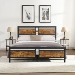 Queen Size Metal Platform Bed With Wood Headboard And Footboard, Antique Brown - ModernLuxe
