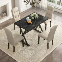 5 PCS Wood Dining Table Set With Faux Marble Tabletop And Upholstered Dining Chairs-ModernLuxe