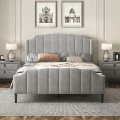 Queen Size Velvet Upholstered Platform Bed With Headboard And Footboard-ModernLuxe
