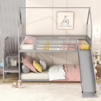 Twin Over Twin Metal Bunk Bed House Bed With Slide And Staircase-ModernLuxe