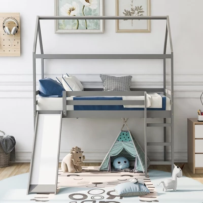 House Shape Twin Size Loft Bed With Slide, Gray - ModernLuxe