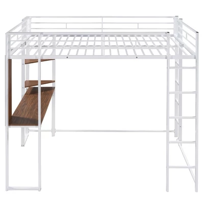Full Size Metal Loft Bed With 2 Shelves And One Desk - ModernLuxe - Image 4