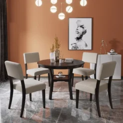5-Piece Kitchen Dining Table Set Round Table With Bottom Shelf And 4 Upholstered Chairs, Espresso+Beige-ModernLuxe