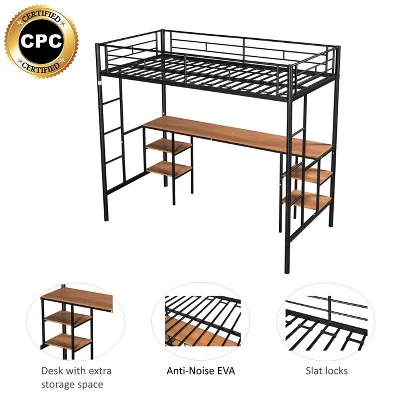 Metal Twin Size Low Loft Bed With Storage Shelf And Table, Black - ModernLuxe - Image 3