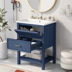 24" Bathroom Vanity With Top Sink And 2 Drawers, Blue - ModernLuxe