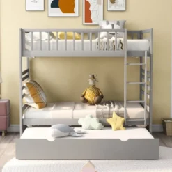 Twin Over Twin Wood Bunk Bed With Safety Rail And Movable Trundle-ModernLuxe