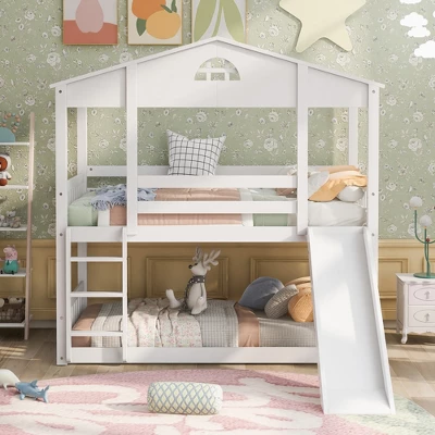 Twin Over Twin House Shaped Bunk Bed With Convertible Slide And Ladder-ModernLuxe
