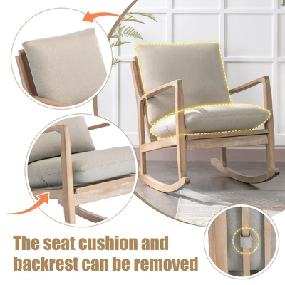 Solid Wood Rocking Chair Upholstered In Linen Fabric, Beige - ModernLuxe - Image 5