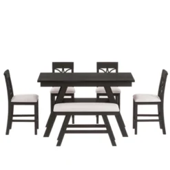 Rustic 6-Piece Wood Counter Height Dining Table Set With Storage Shelf, 4 Chairs And Bench-ModernLuxe
