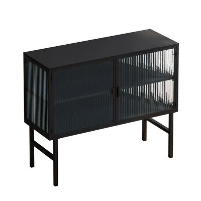 43.31" Contemporary Glass Door Cabinet With Two Levels Of Storage, Black - ModernLuxe - Image 3