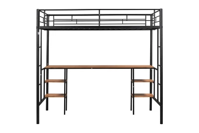 Metal Twin Size Low Loft Bed With Storage Shelf And Table, Black - ModernLuxe - Image 6