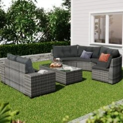 8PCS Patio PE Rattan Conversation Set, Outdoor Half-Moon Sectional Sets With Coffee Table-ModernLuxe